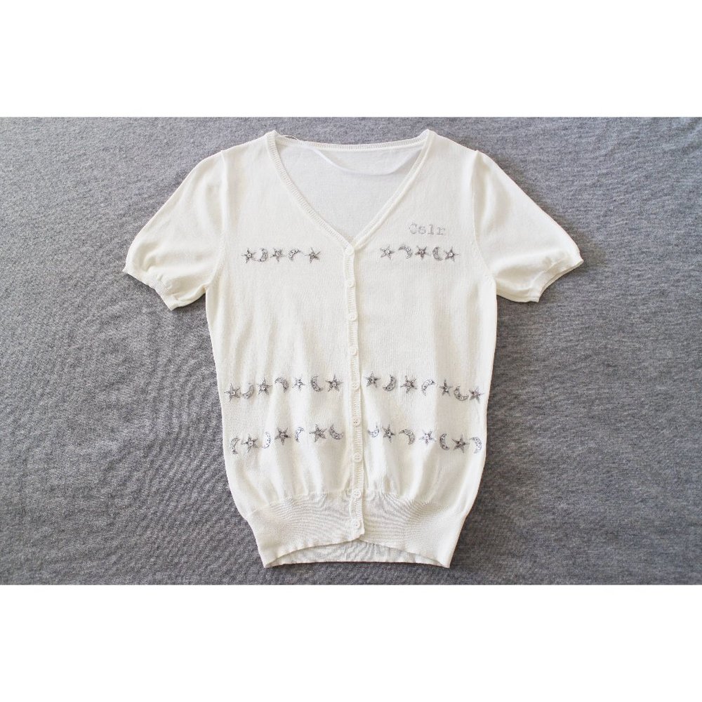 Cslr Creamy White Star Moon Embellished Short Sleeve Knit Cardigan Crop Top XS